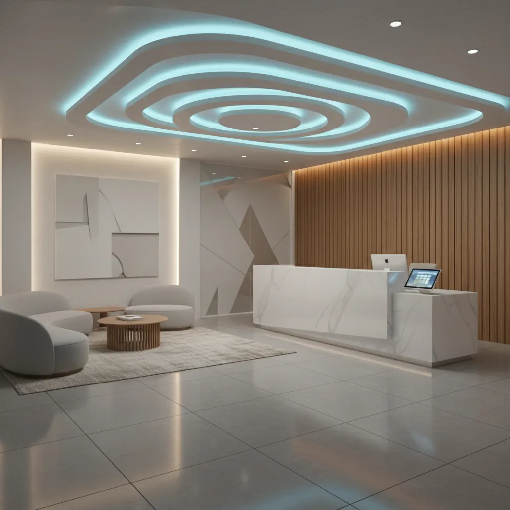 Corporate reception with POP ceiling and integrated brand color lighting
