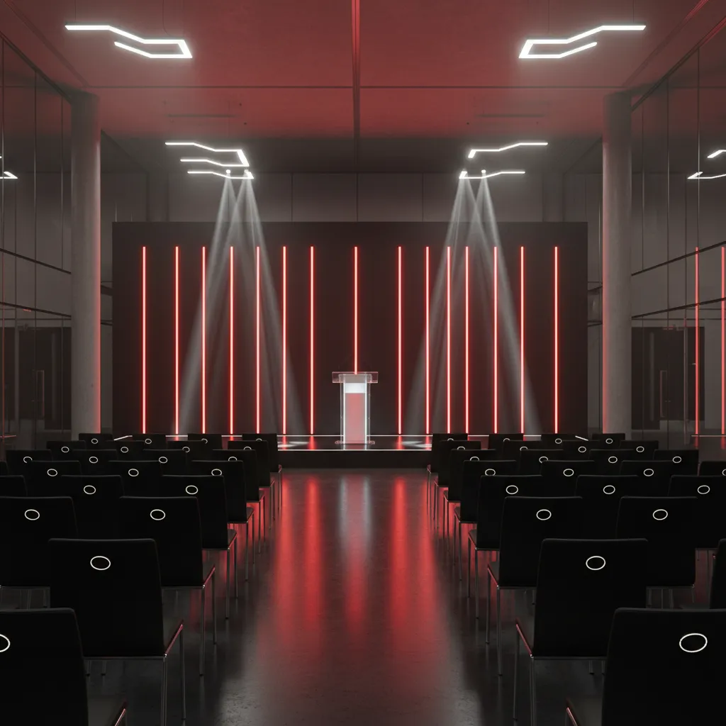 Corporate gala stage with black backdrop and red LED lighting
