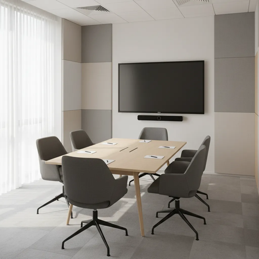 Corporate small meeting room with speaker bar and video conference screen