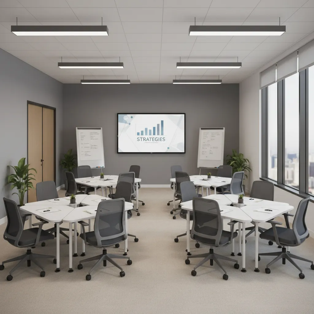 Corporate training seminar room with modular tables and collaborative layout