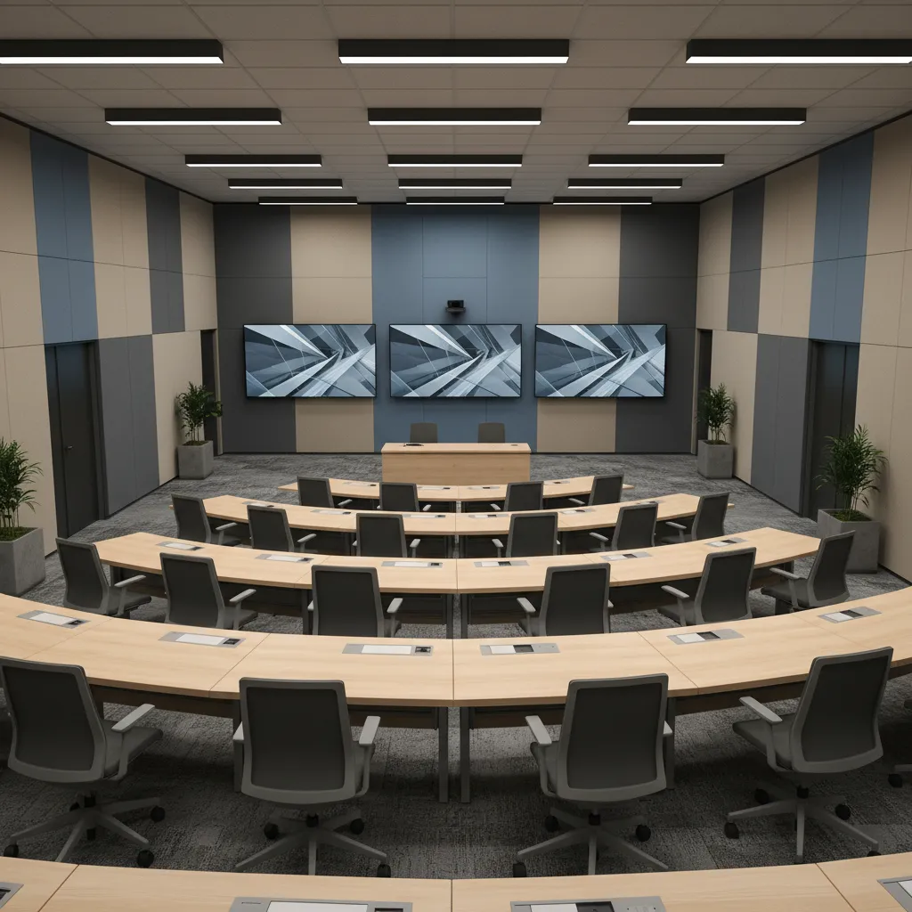 Corporate training center seminar hall with tiered seating and collaborative desks