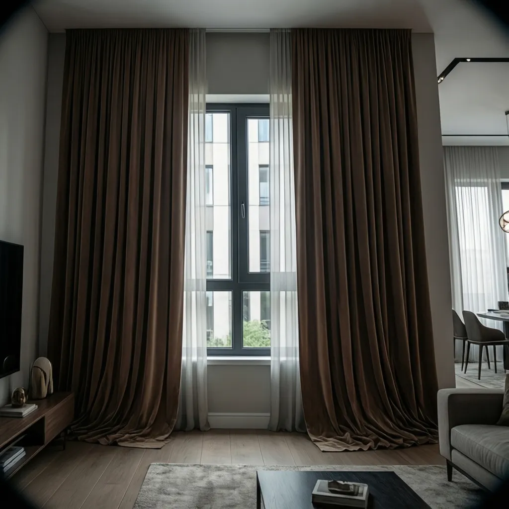 Living room showing floor to ceiling brown curtain placement above window frame