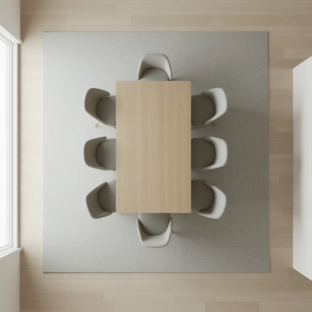 diagram style dining layout showing rug extending beyond table for chair clearance