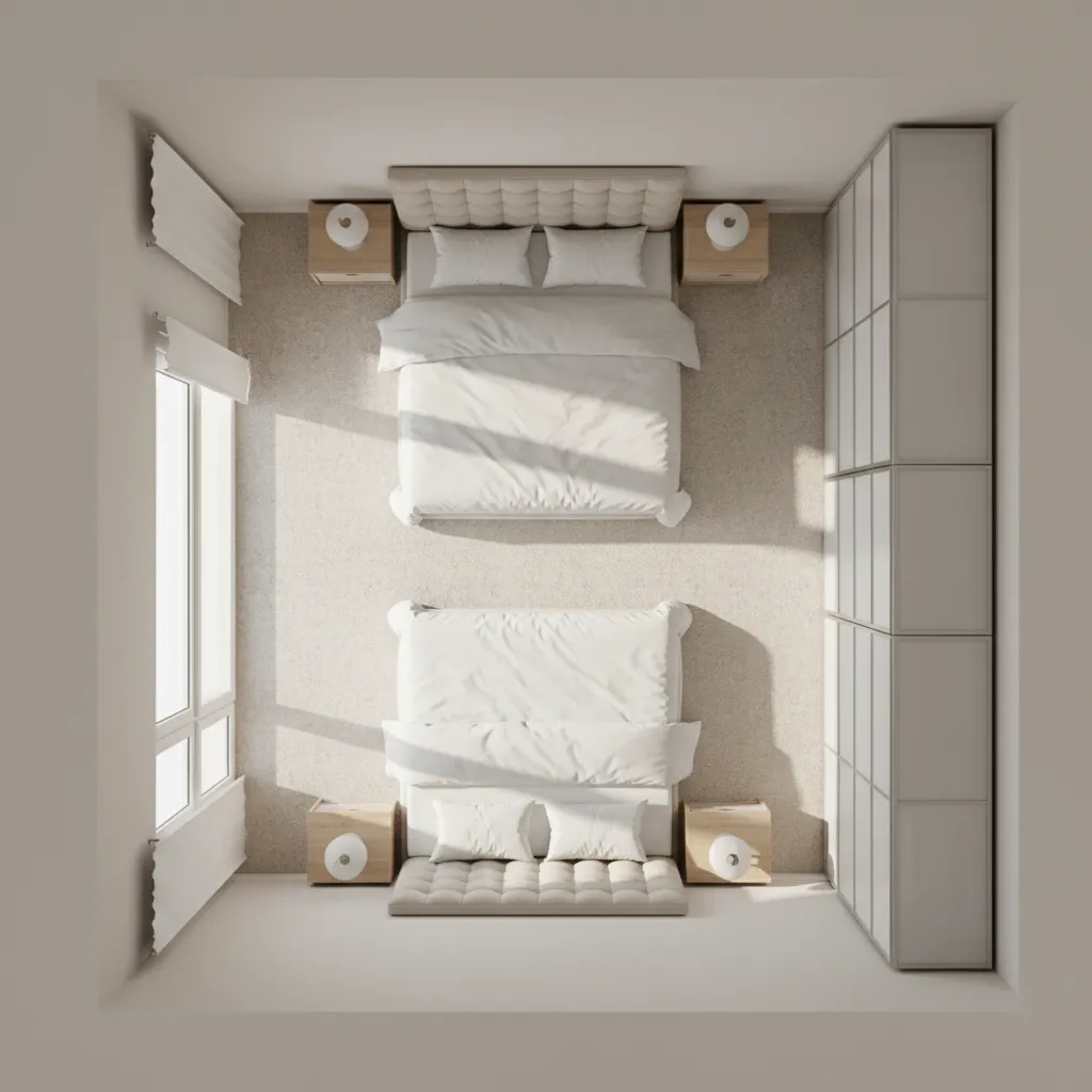 3D bedroom floor plan showing accurate furniture scale including bed wardrobe and walking space