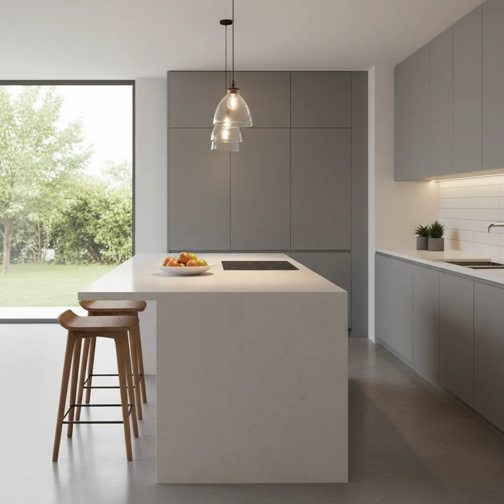 Diagram-style interior view showing correct pendant light height above kitchen island