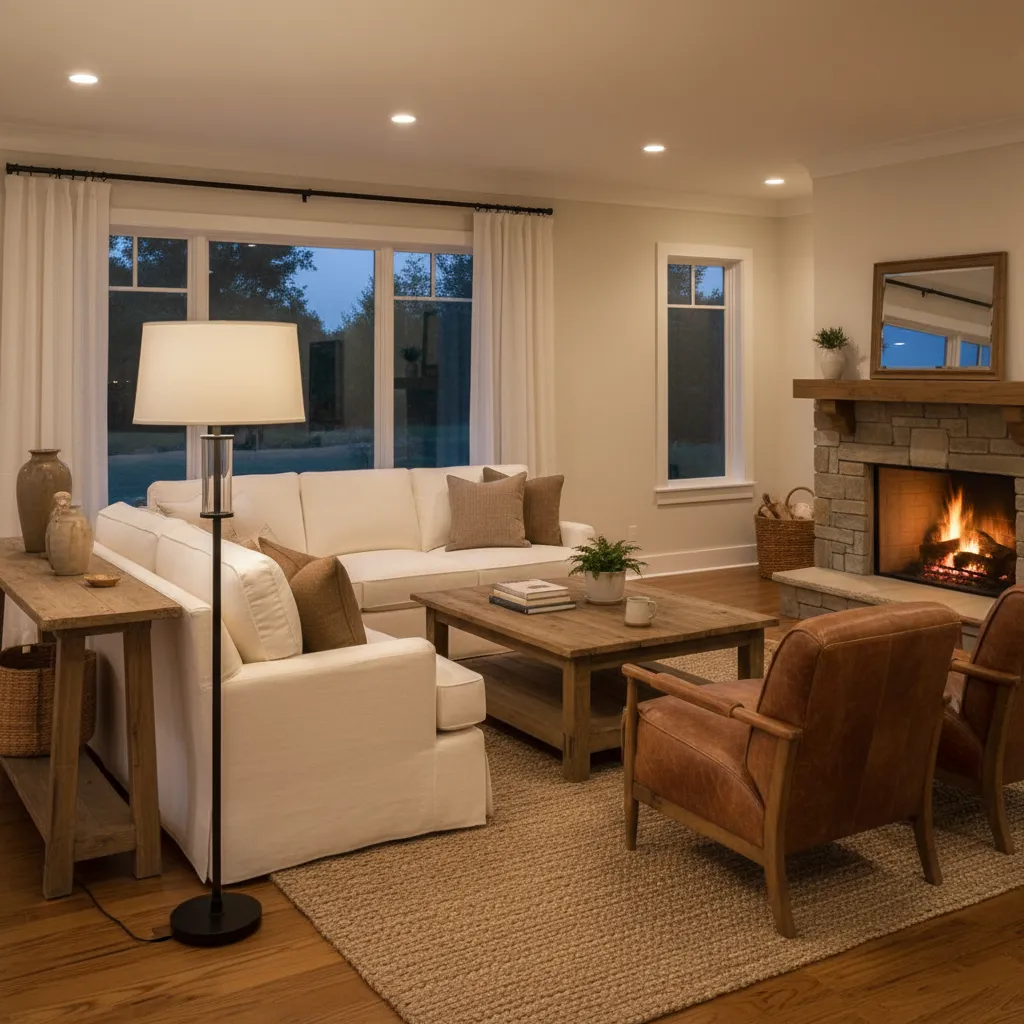 Farmhouse living room showing correct floor lamp placement beside sofa