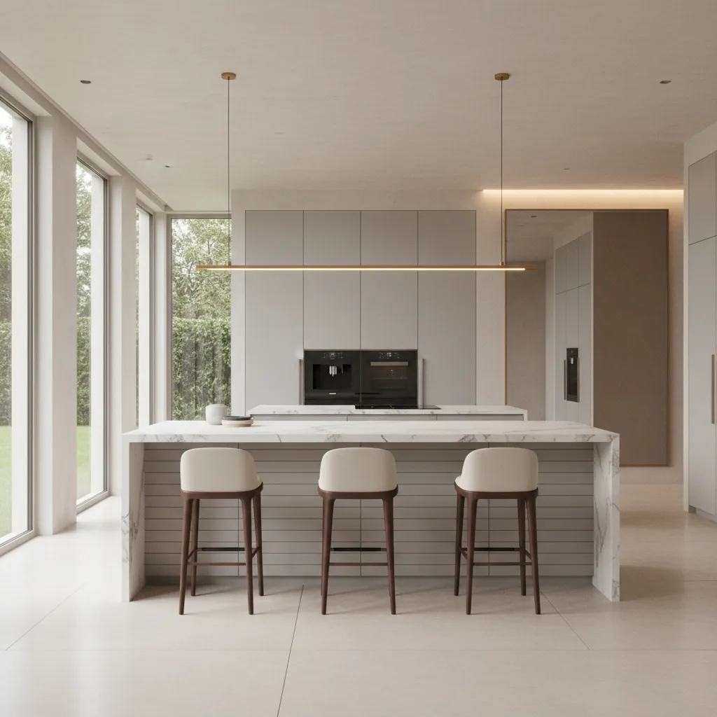 well proportioned linear pendant light centered above a kitchen island