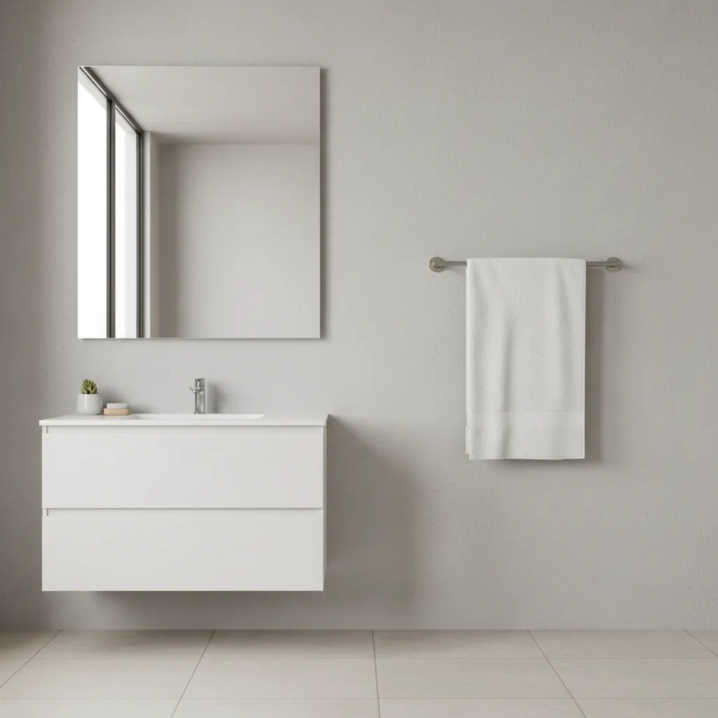 bathroom wall with properly installed towel bar at balanced height