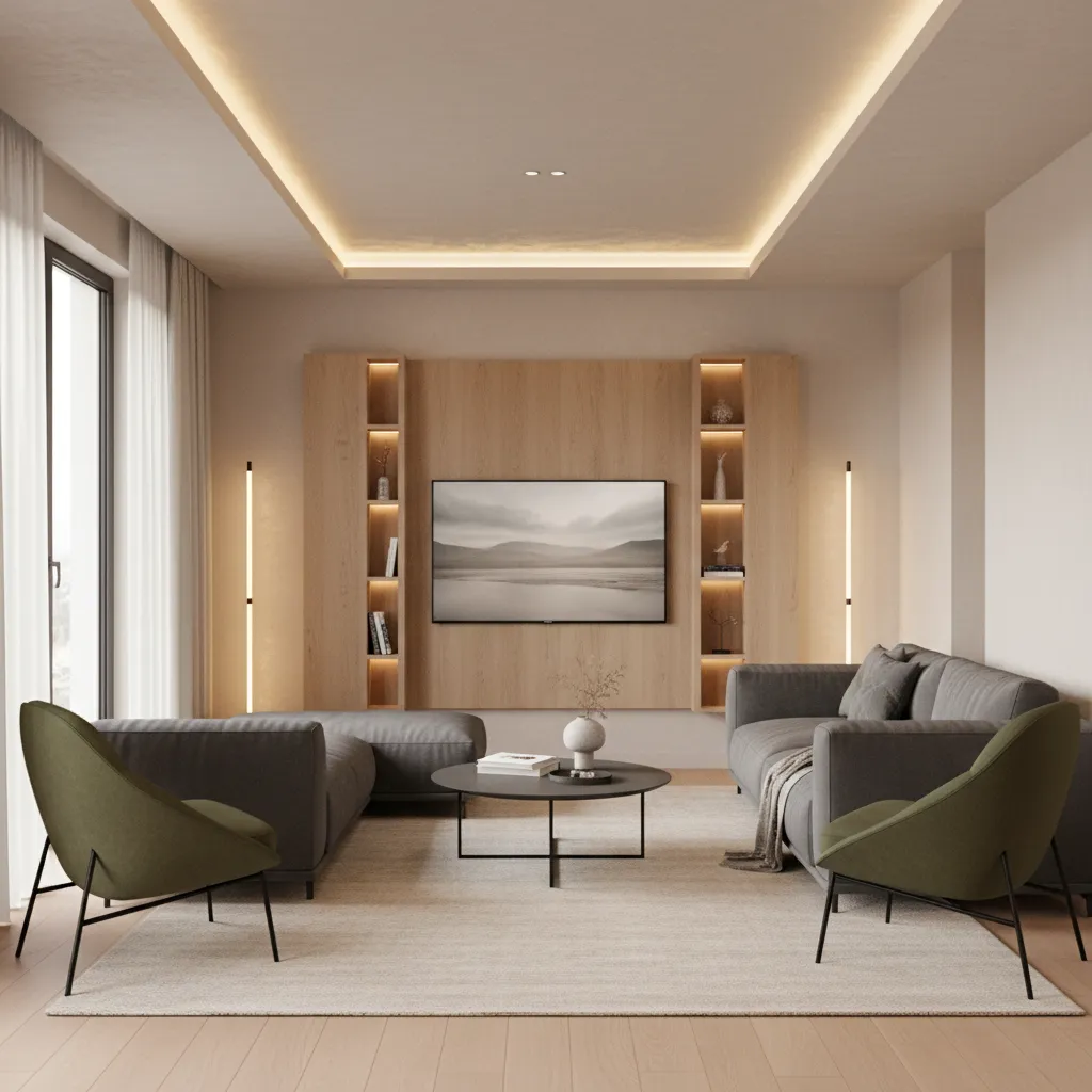 Living room seating arranged at proper TV viewing distance