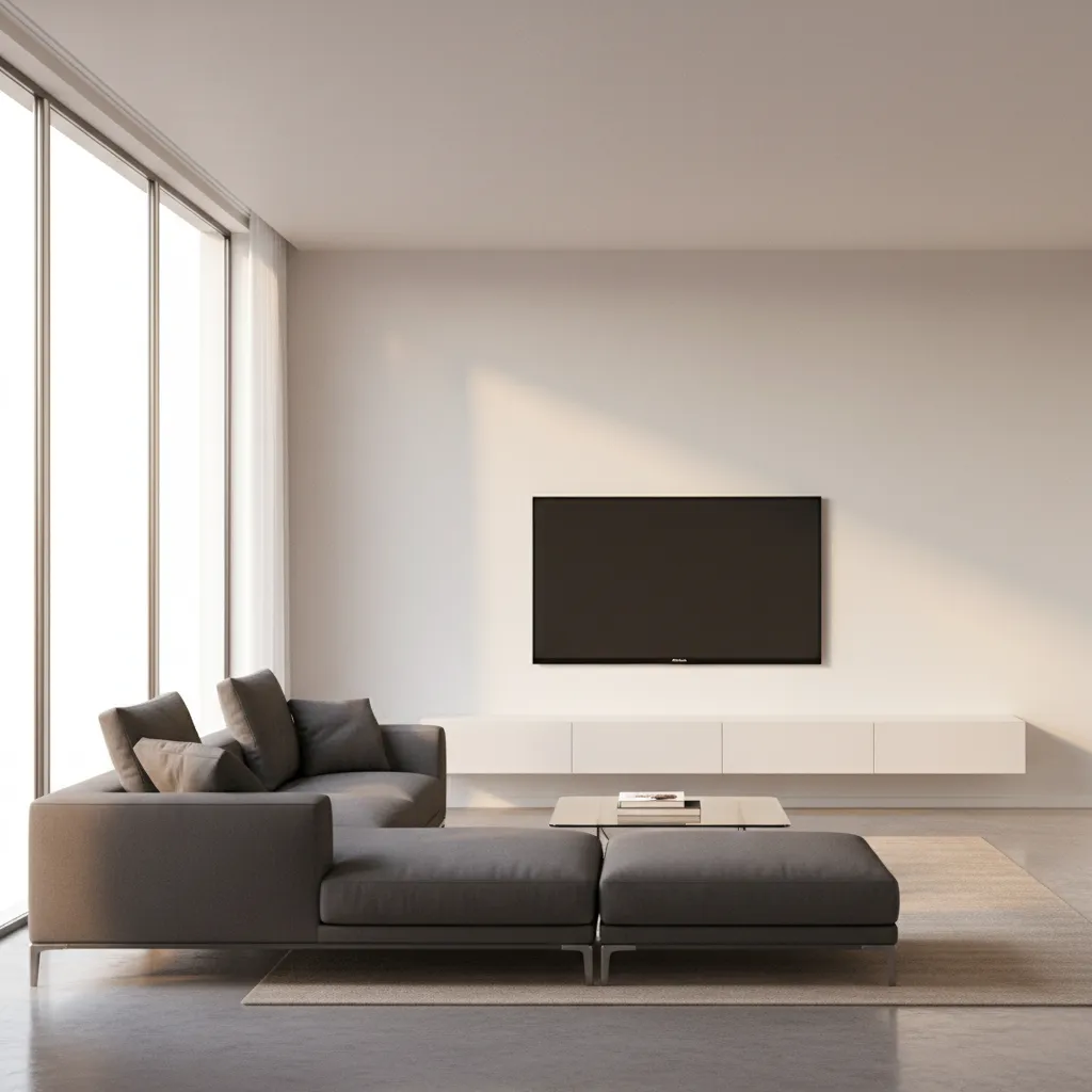 Wall mounted television aligned with seated eye level above a modern media console