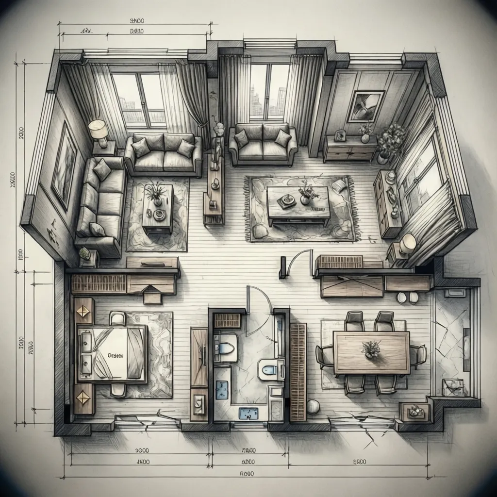 Architectural floor plan showing correct and incorrect furniture scale comparison
