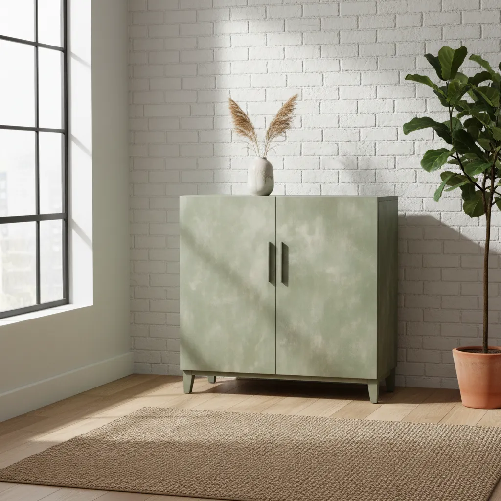 Light green cabinet against a white brick wall with wooden floor and a brown rug