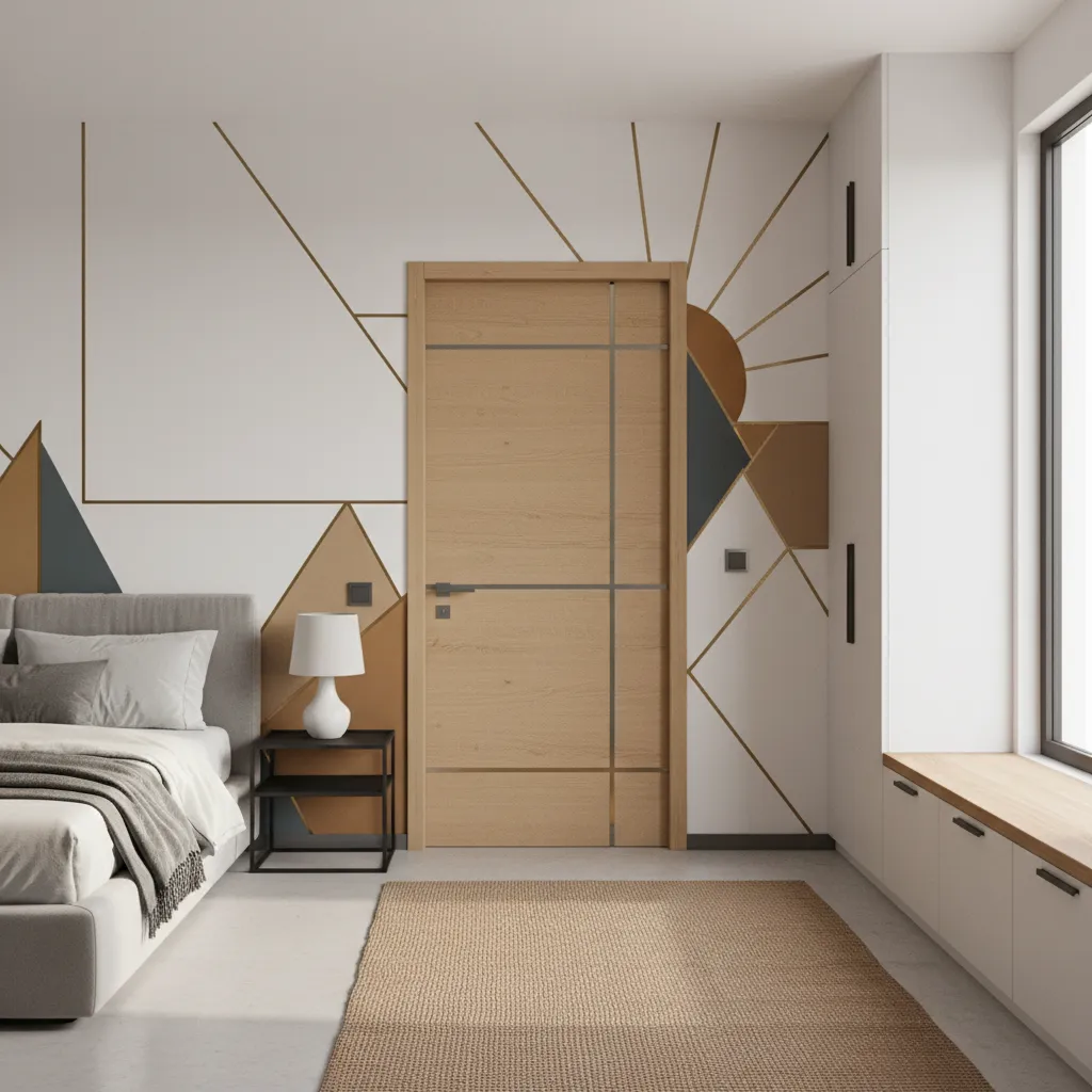 decorative geometric overlay correcting mural design on bedroom door