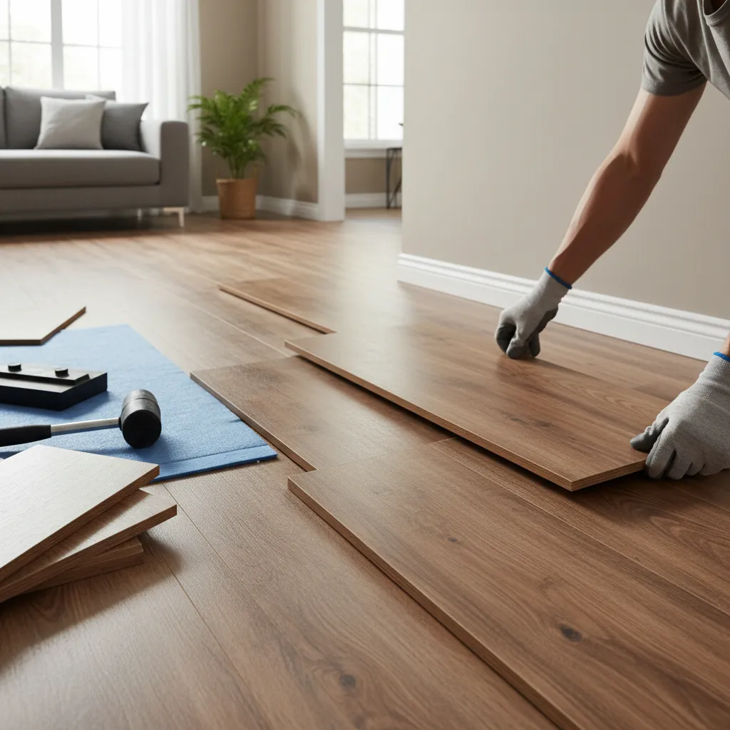Installer removing laminate planks to correct corner alignment