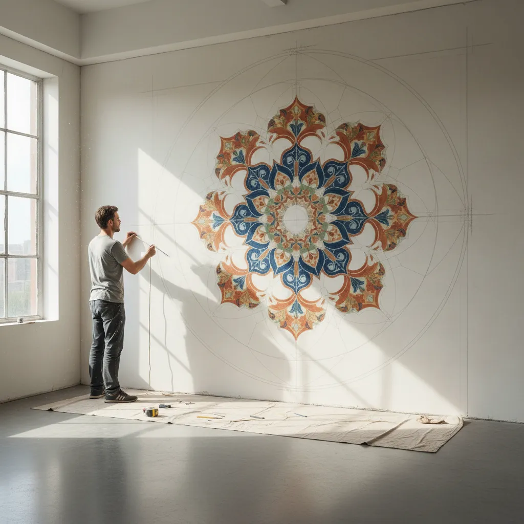 artist using string compass to correct mandala circle symmetry on wall