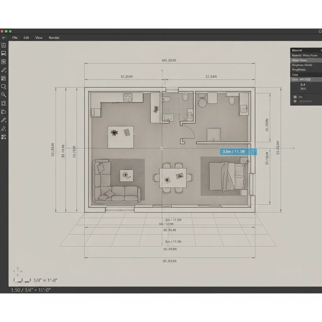 3D model interface adjusting room dimensions with measurement guides