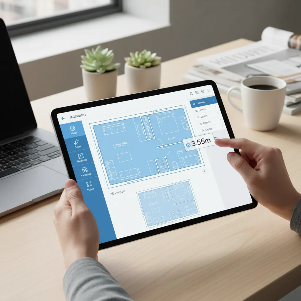 Adjusting wall measurements inside a digital floor plan on a room planner app