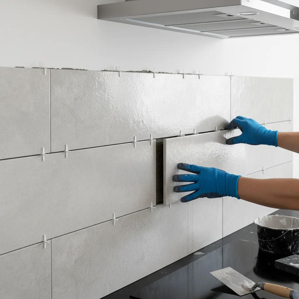 Tile spacers correcting grout spacing on decorative wall tiles