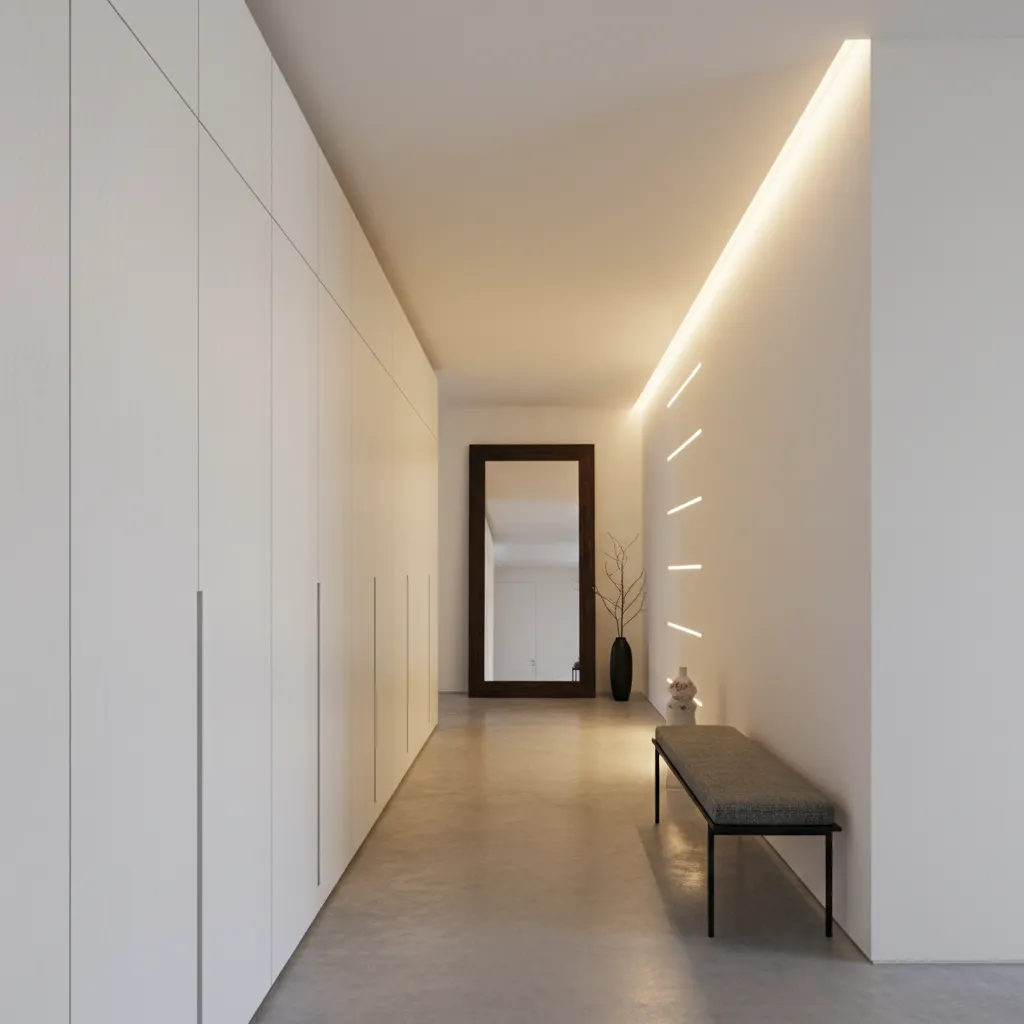 Pasillo con armarios empotrados blancos y diseño minimalista