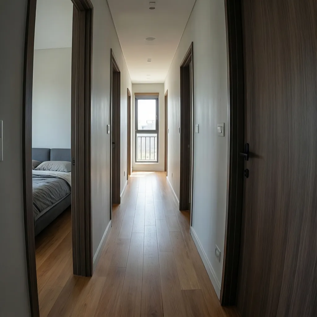 Corredor interior moderno con puertas a dormitorios y luz natural
