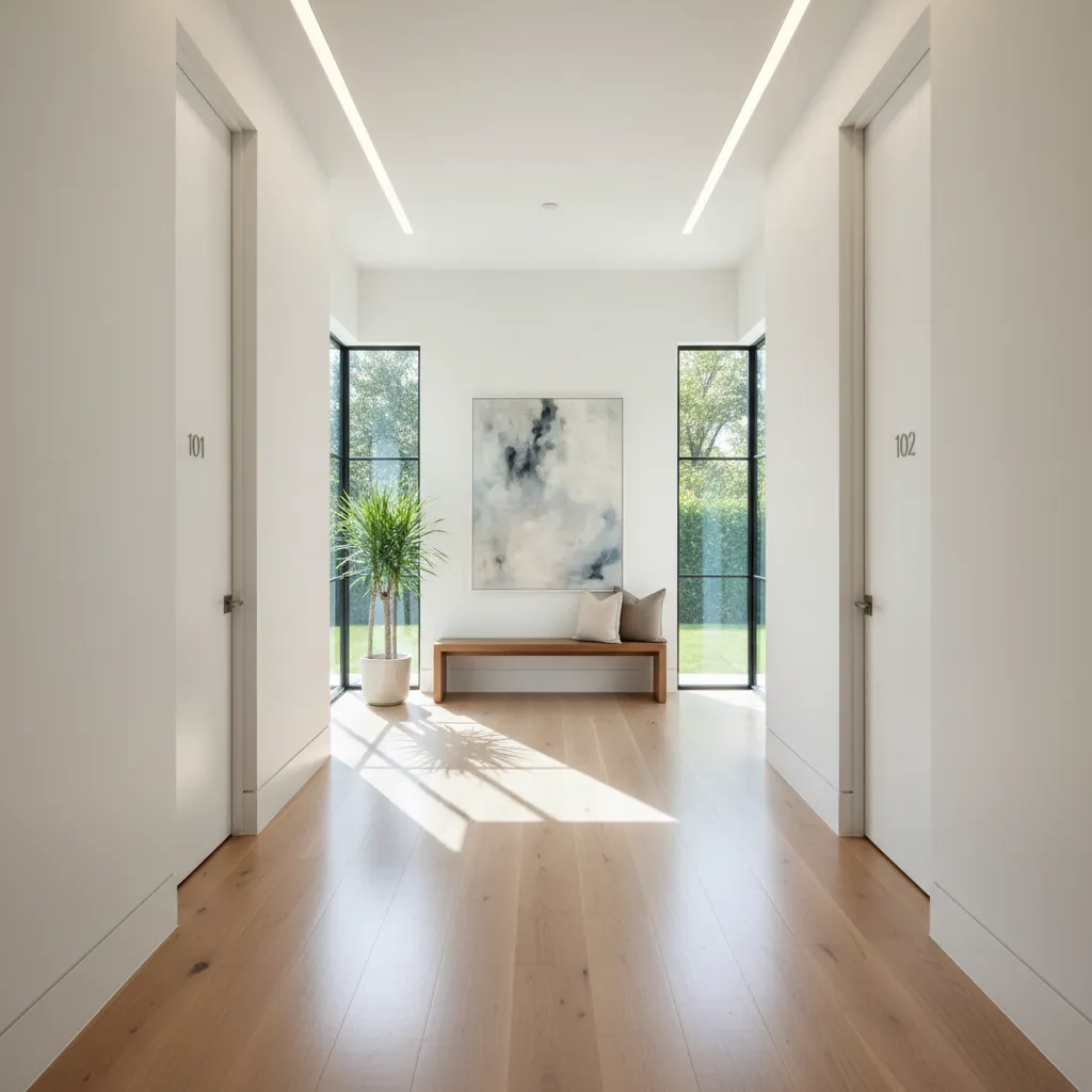 Minimalist white hallway with wooden floors bench wall art green plant and bright natural sunlight