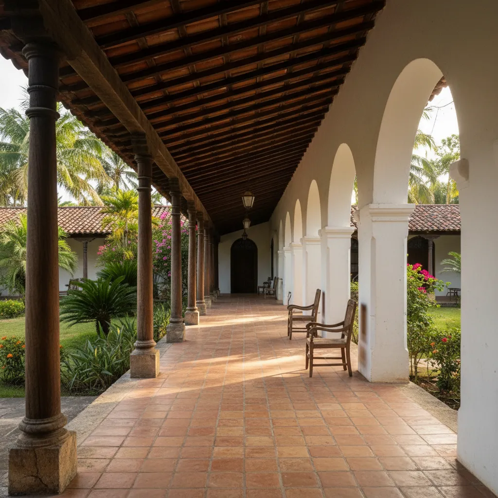 Corredor colonial con columnas de madera y techo de teja