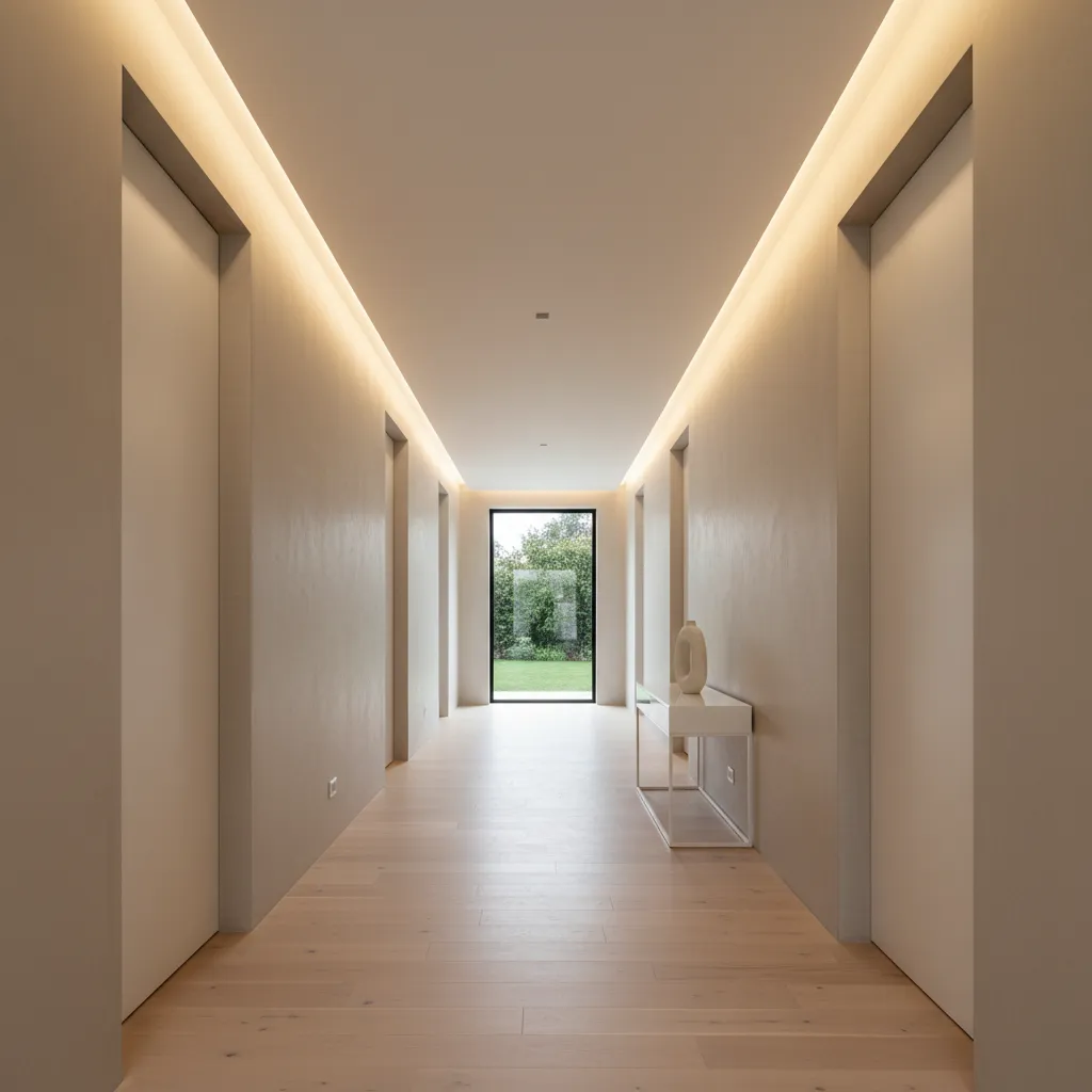 Pasillo moderno con iluminación indirecta en techo