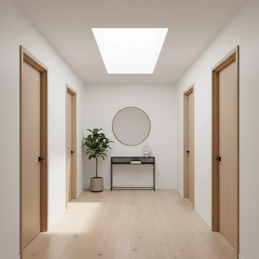 corredor curto com iluminação natural em casa térrea moderna