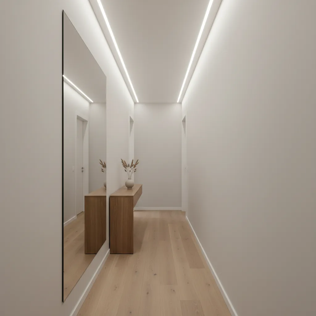 Pasillo estrecho moderno con espejo grande y luz LED
