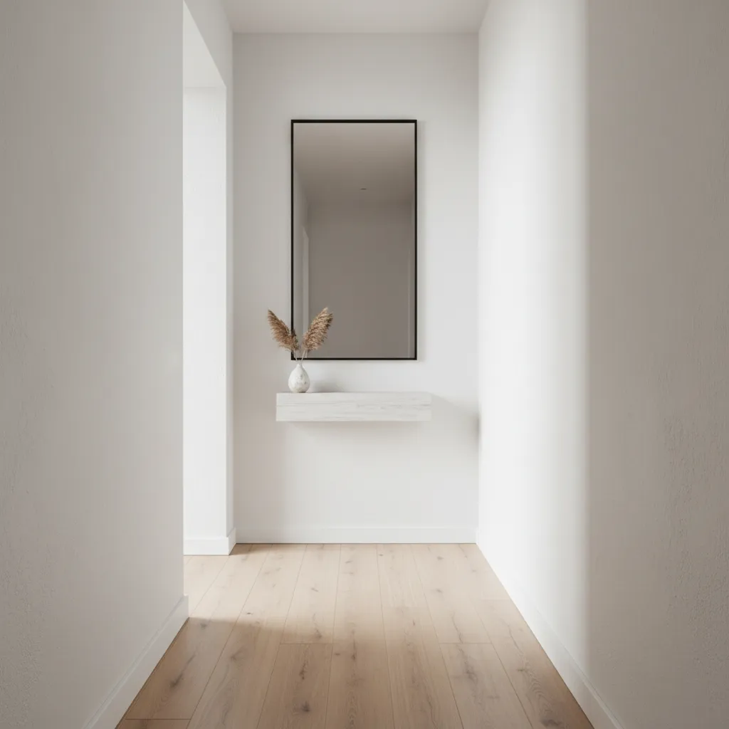Pasillo estrecho con paredes blancas, suelo de madera y decoración minimalista