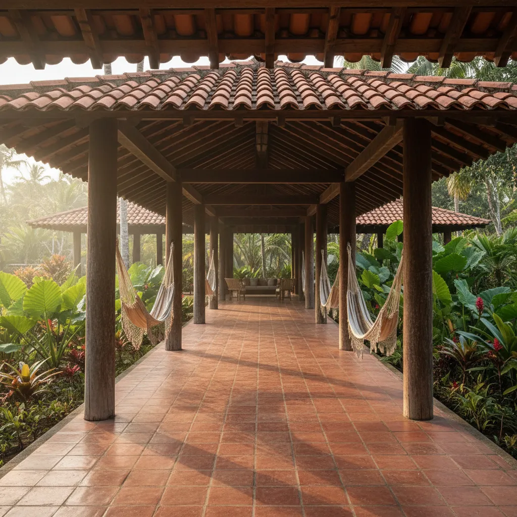 Corredor frontal amplio en casa tropical con columnas y hamacas