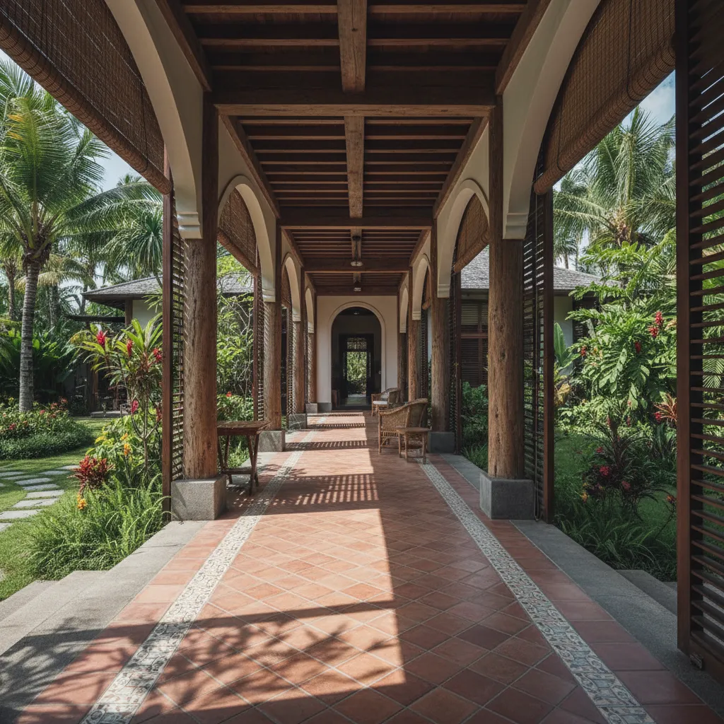 Corredor lateral estrecho que conecta habitaciones en casa tropical