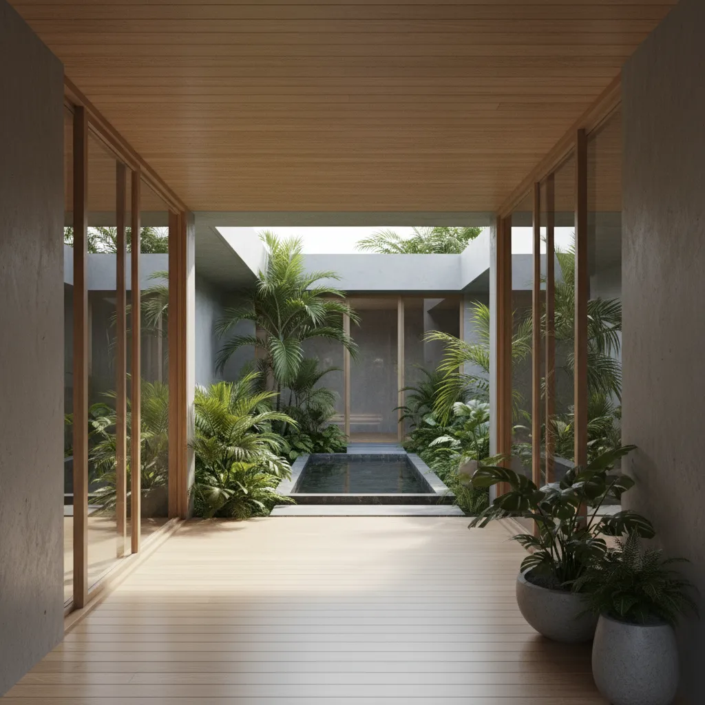 Corredor moderno conectado con patio interior y jardín