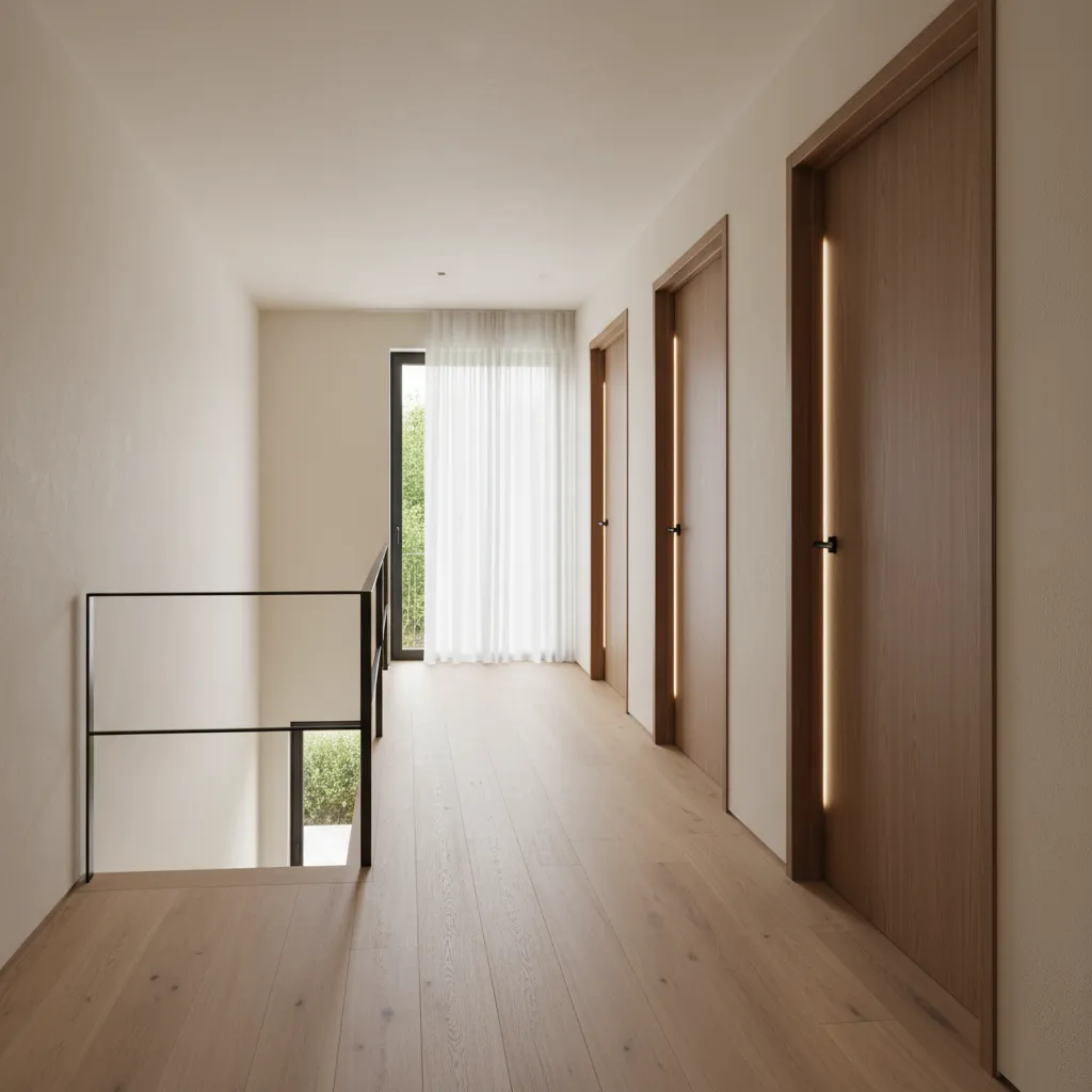 corredor com portas de quartos no andar superior de uma casa moderna