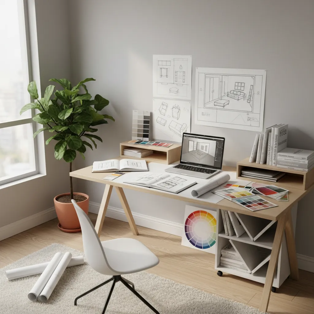 Student studying interior design through correspondence course at home desk