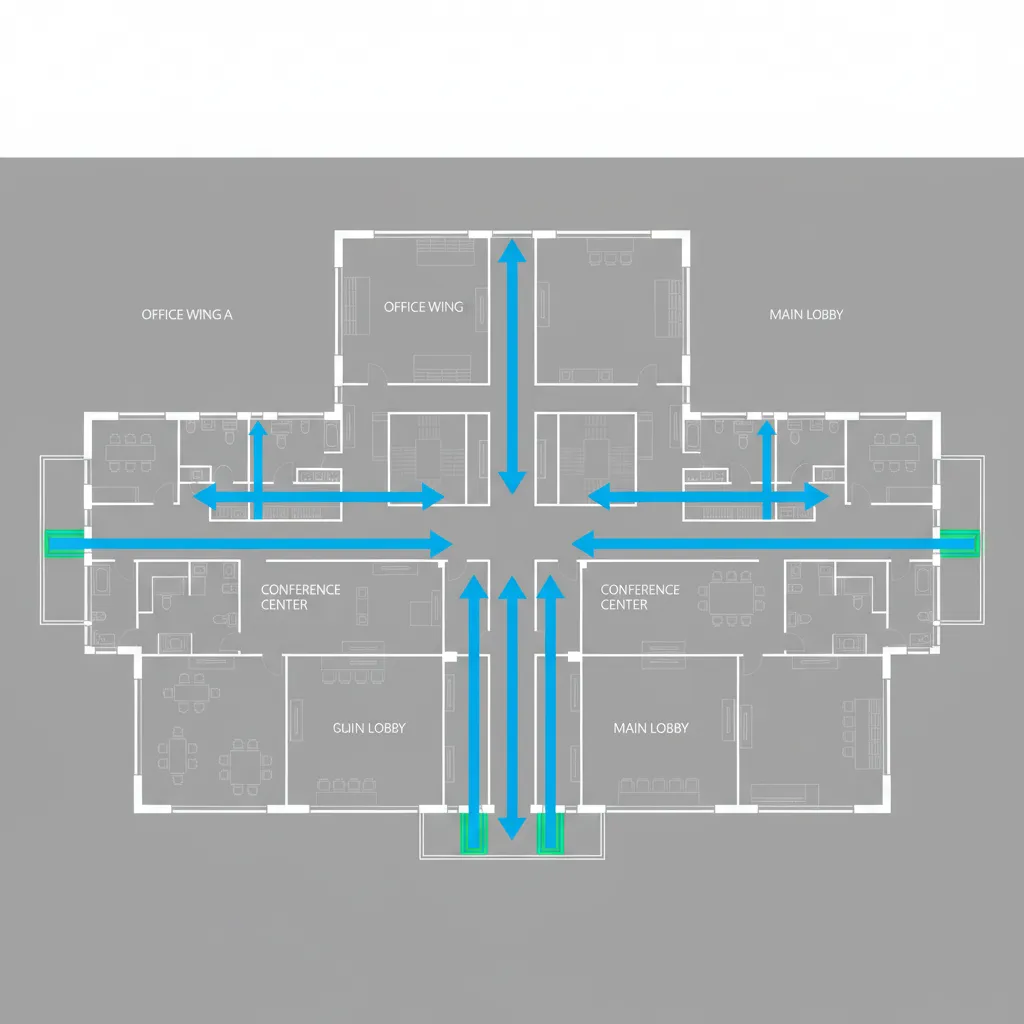 diagram showing corridor layout guiding occupants toward building exits