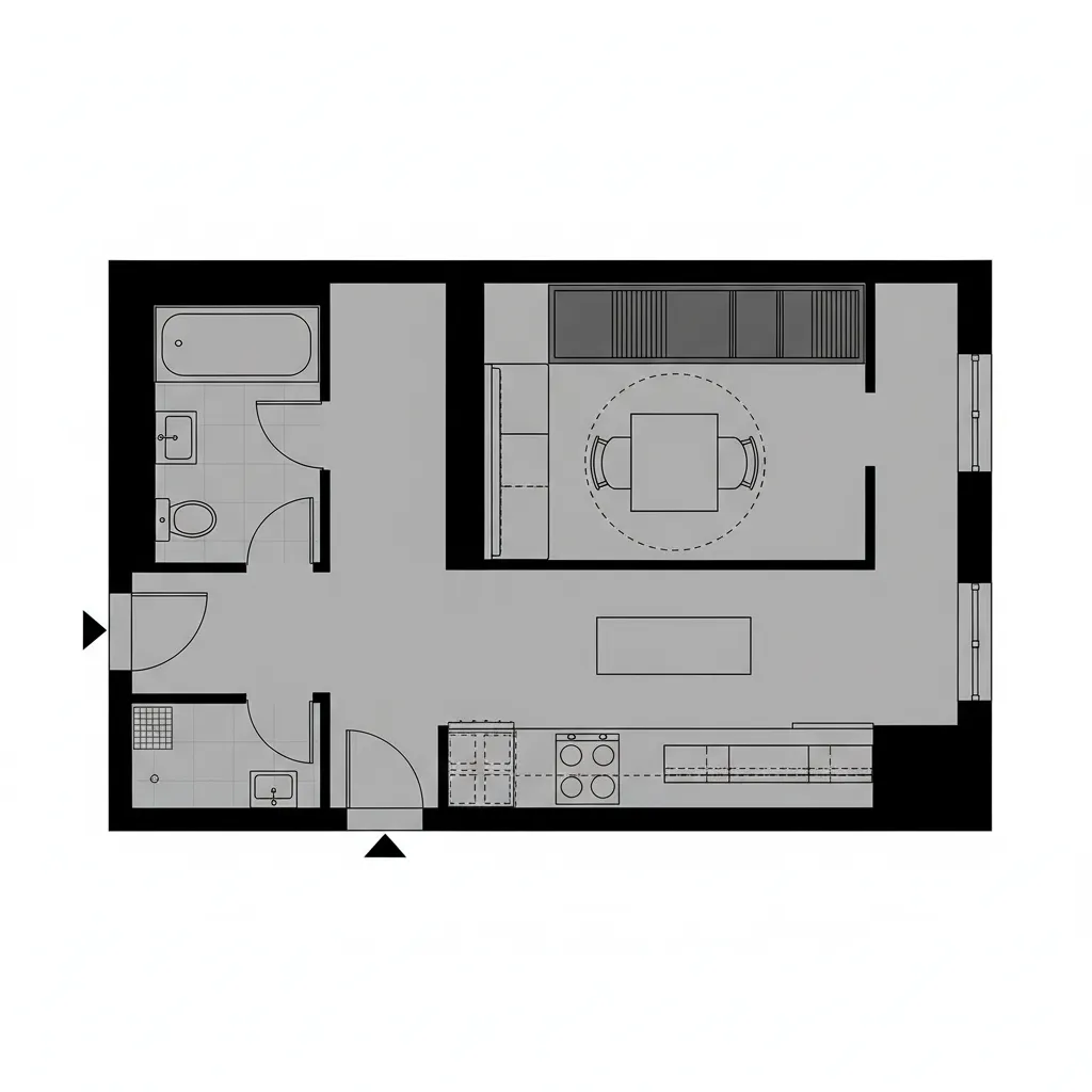 Top-down CAD floor plan of corridor kitchen apartment with reconfigurable bay niche