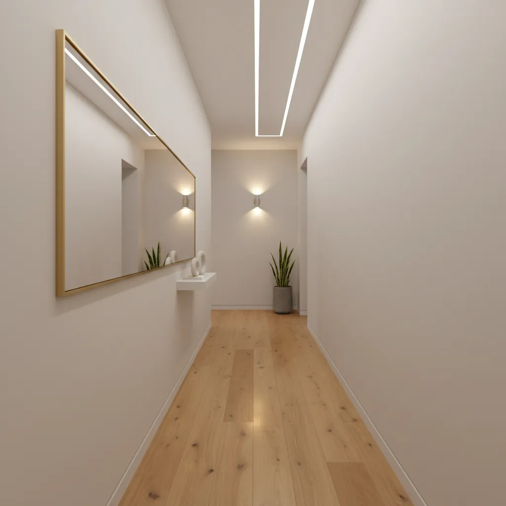 Narrow hallway with large wall mirror reflecting light