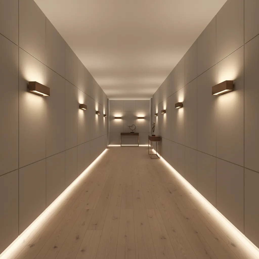 Elegant corridor lighting with wall sconces and warm tones