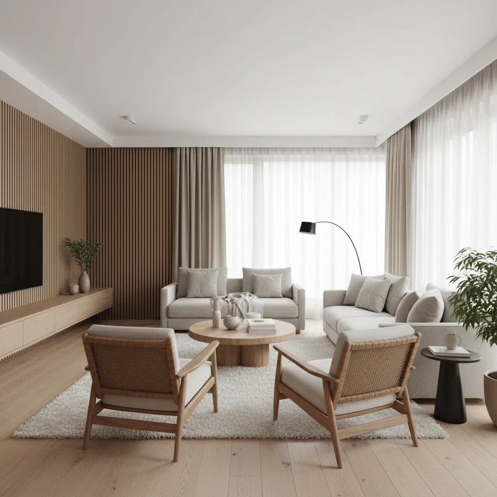 Modern living room with wood wall panel gray sofa wooden coffee table white rug plants