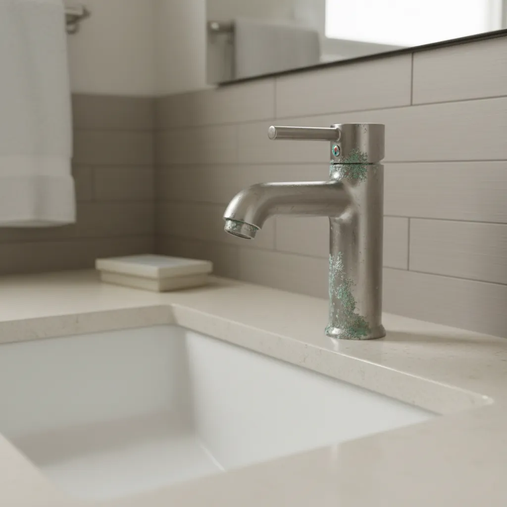 Bathroom faucet with visible corrosion showing replacement scenario