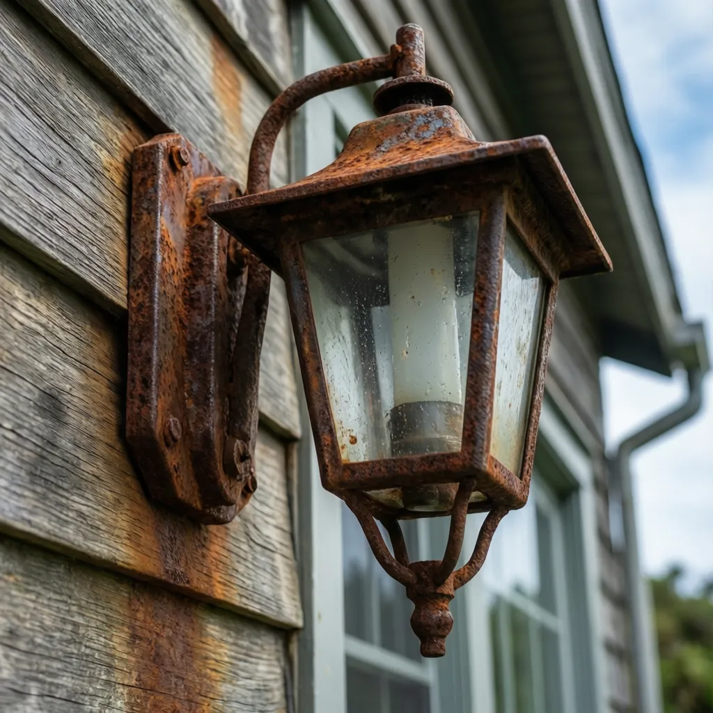 Outdoor wall lantern with visible rust and corrosion from salt air