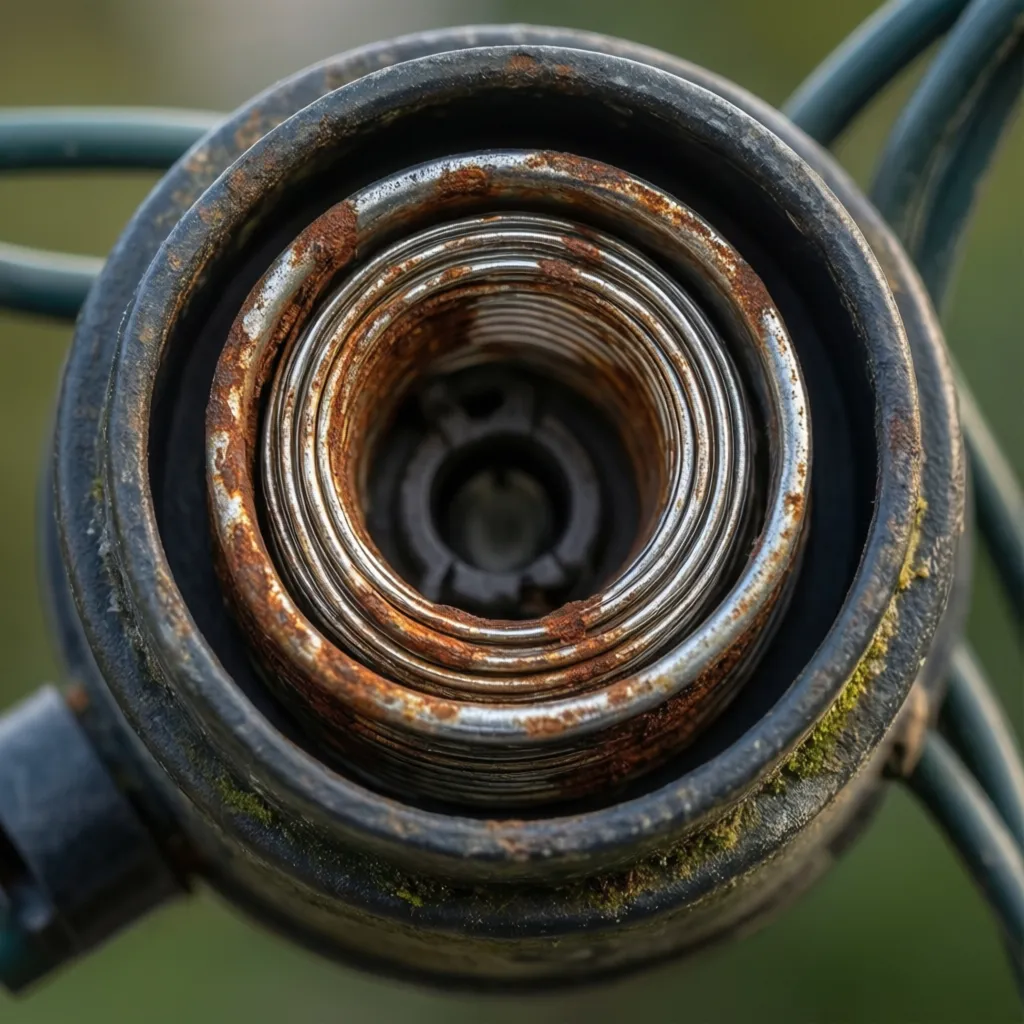 Outdoor string light socket showing corrosion and moisture damage