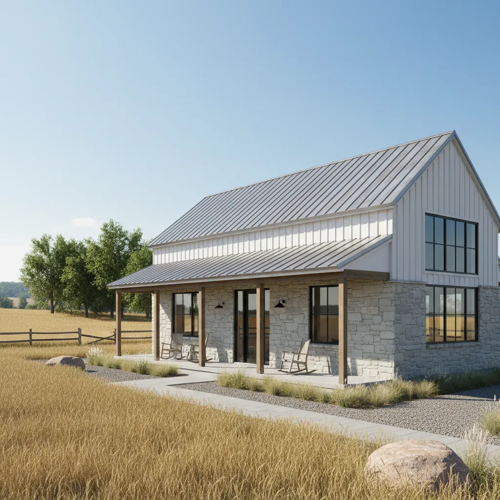 corrugated metal roofing panels on modern farmhouse