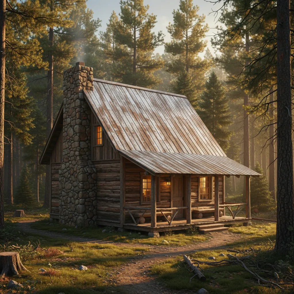 Rustic log cabin in sunny forest with metal roof stone chimney and warm glowing windows