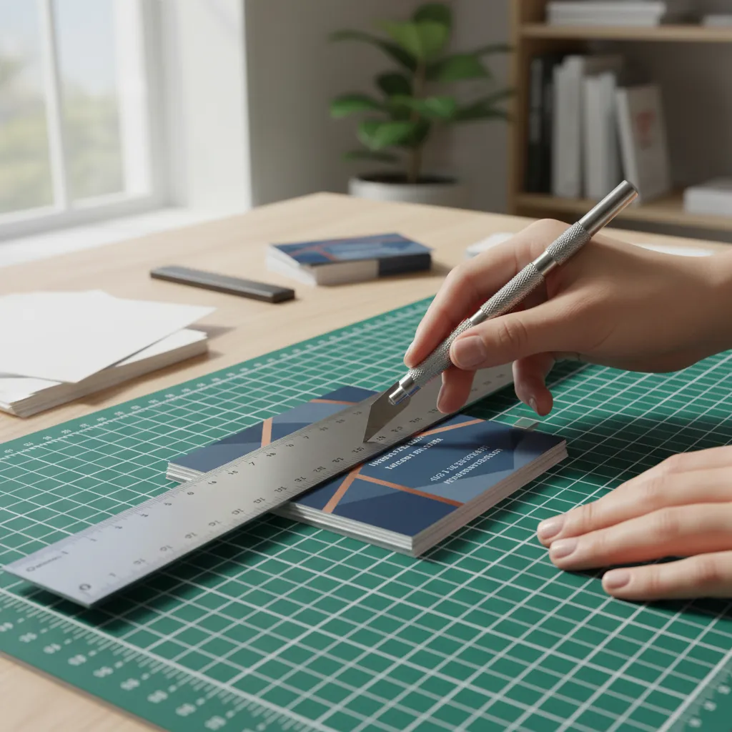 Persona cortando tarjetas de visita impresas con cúter y regla metálica