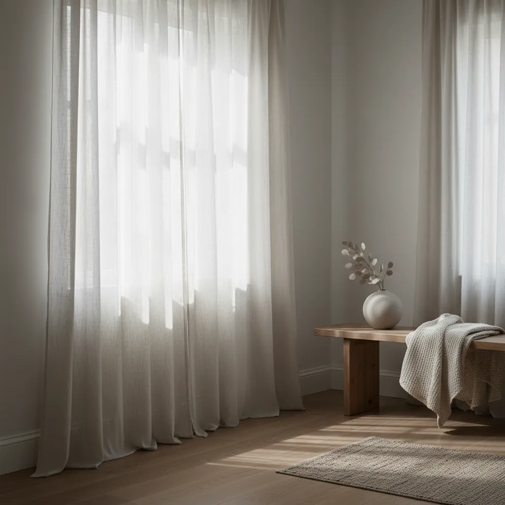 Ventana interior con cortinas ligeras de lino