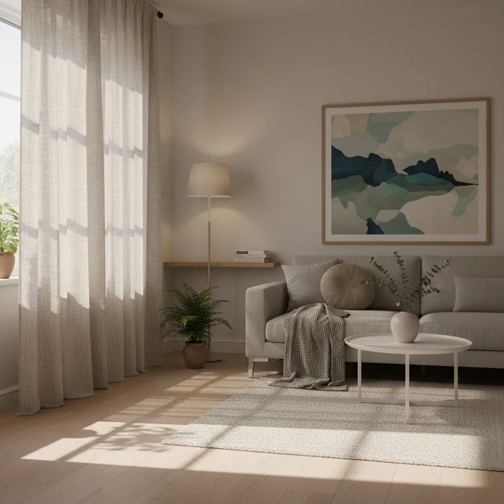 Cortinas de lino iluminadas por luz natural en salón luminoso