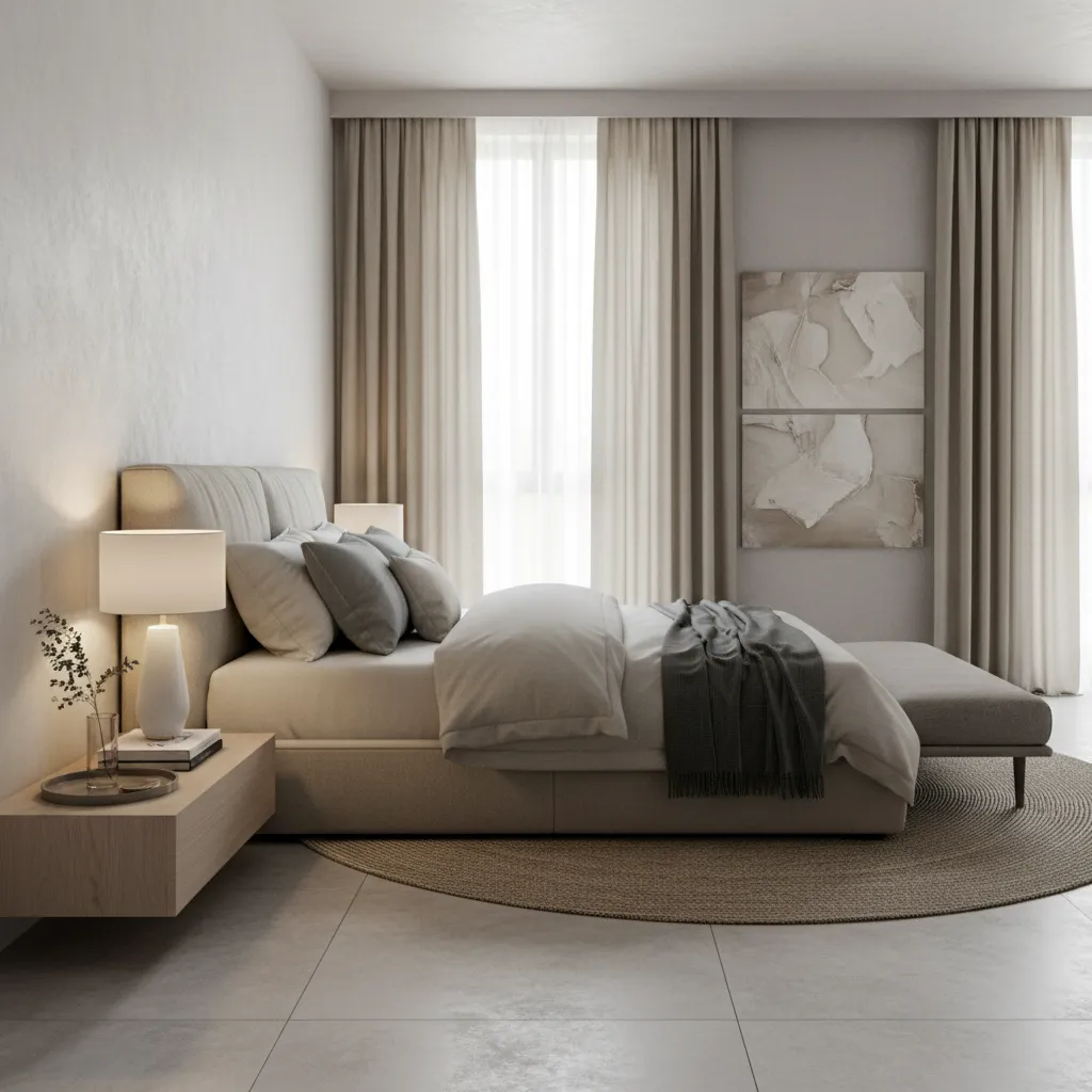 Dormitorio elegante con cortinas neutras y diseño contemporáneo