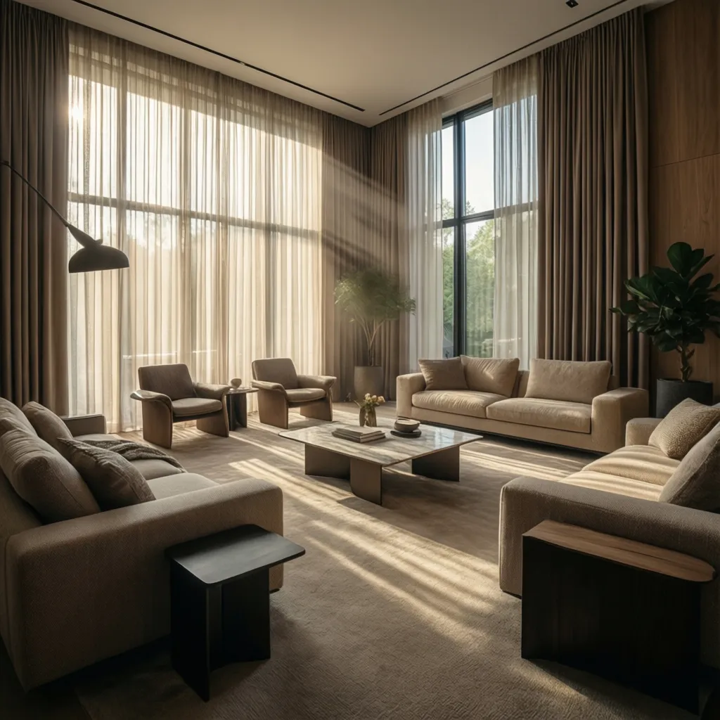 Salón moderno con cortinas translúcidas que suavizan la luz natural